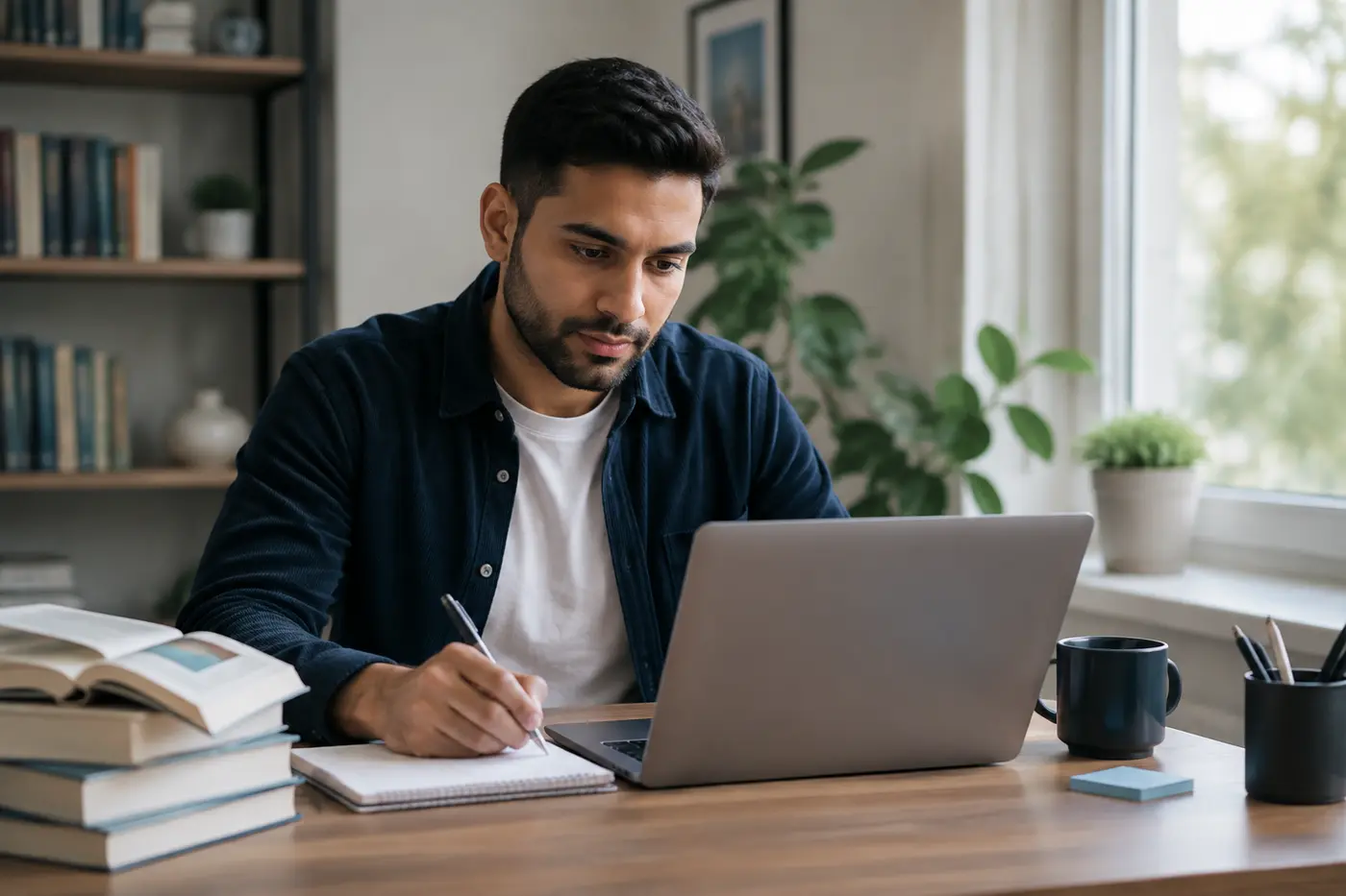 Adult nursing student reviewing coursework at a laptop